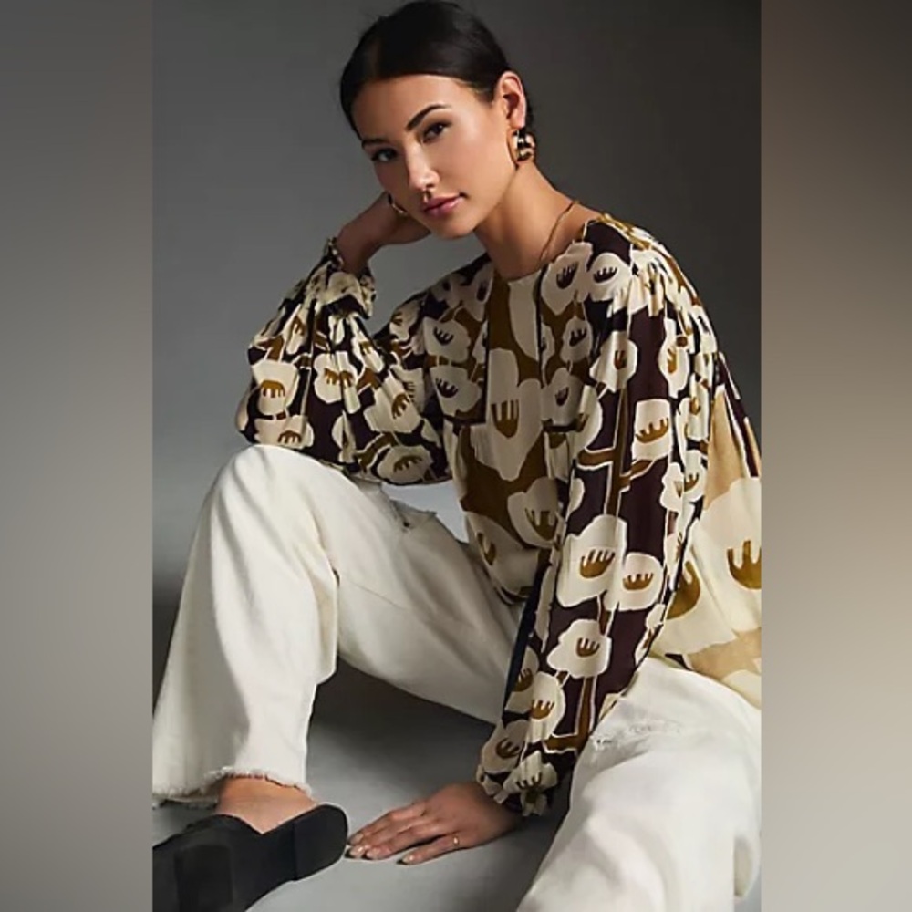 Anthropologie Brown and Cream Floral Blouse